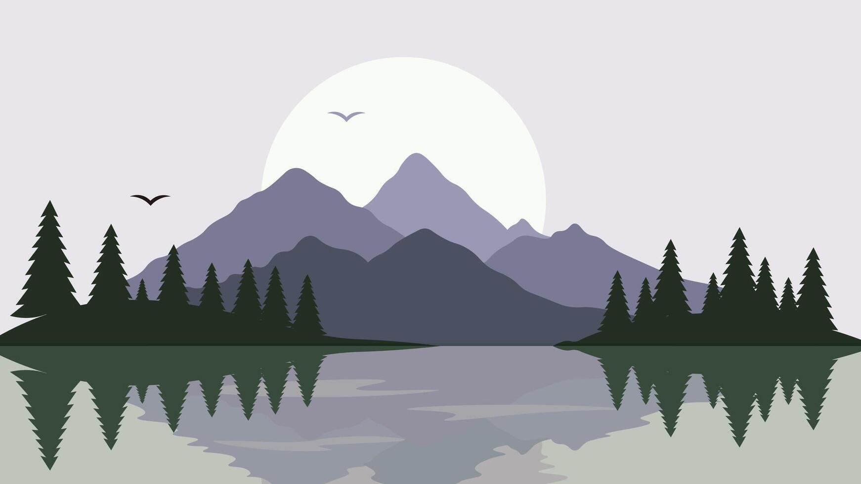 Flat Design Illustration of Mountain Lake Nature Landscape with and Sun in the Morning vector