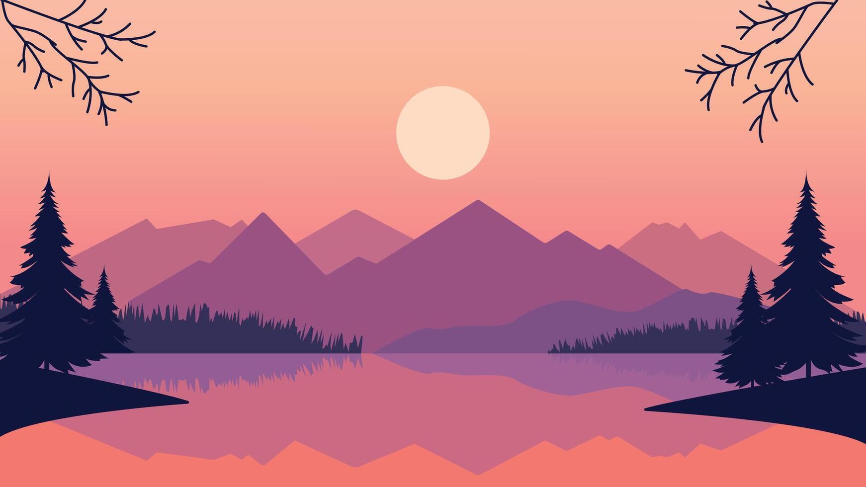 Flat Design Illustration of Beautiful Mountain Lake Nature Landscape with and Sun in the Morning vector
