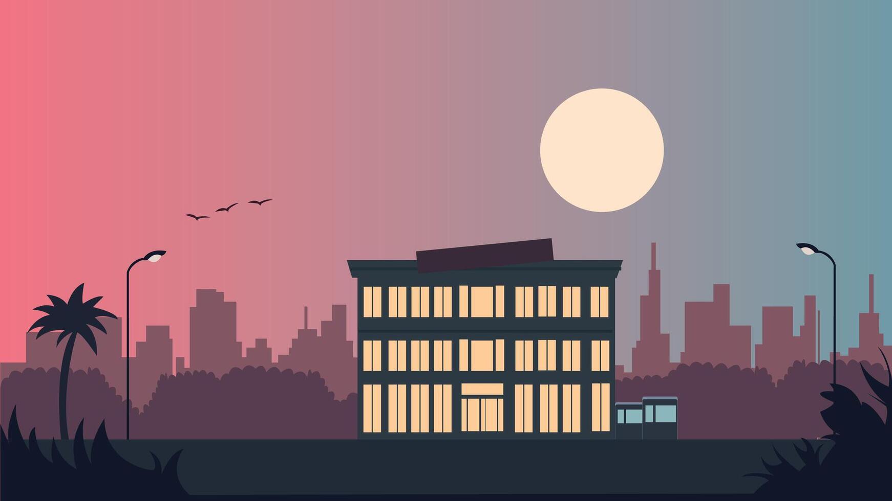 Beautiful Hotel Apartment Construction Building Landscape with Cityscape and Sun in Twilight vector