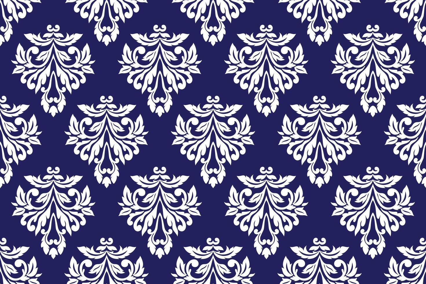 Elegant White floral damask pattern on a navy blue background. Classic ornamental design. vector
