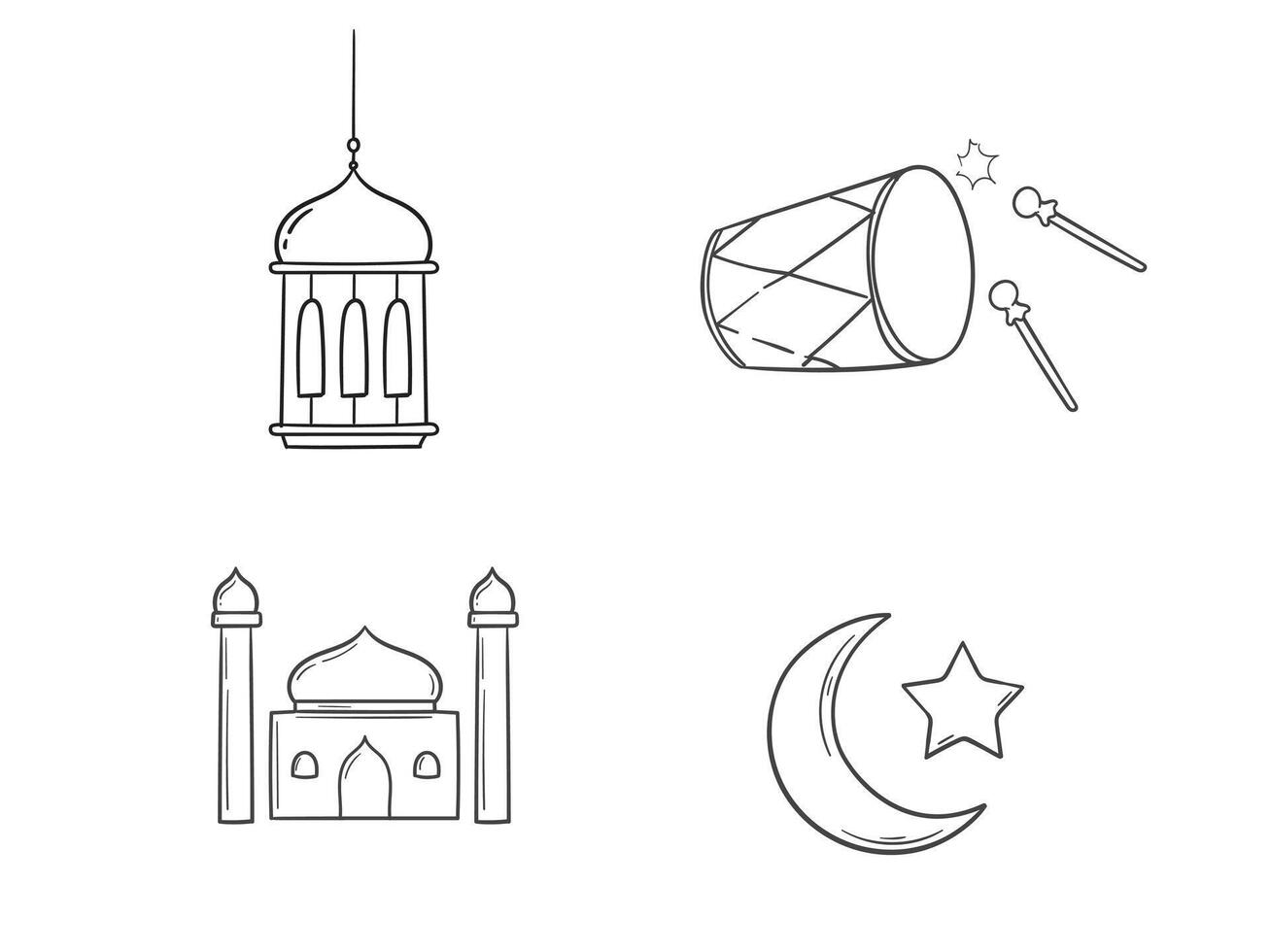 Religious ramadan design element. Hand drawn lanter, moon, mosque and percussion icon vector