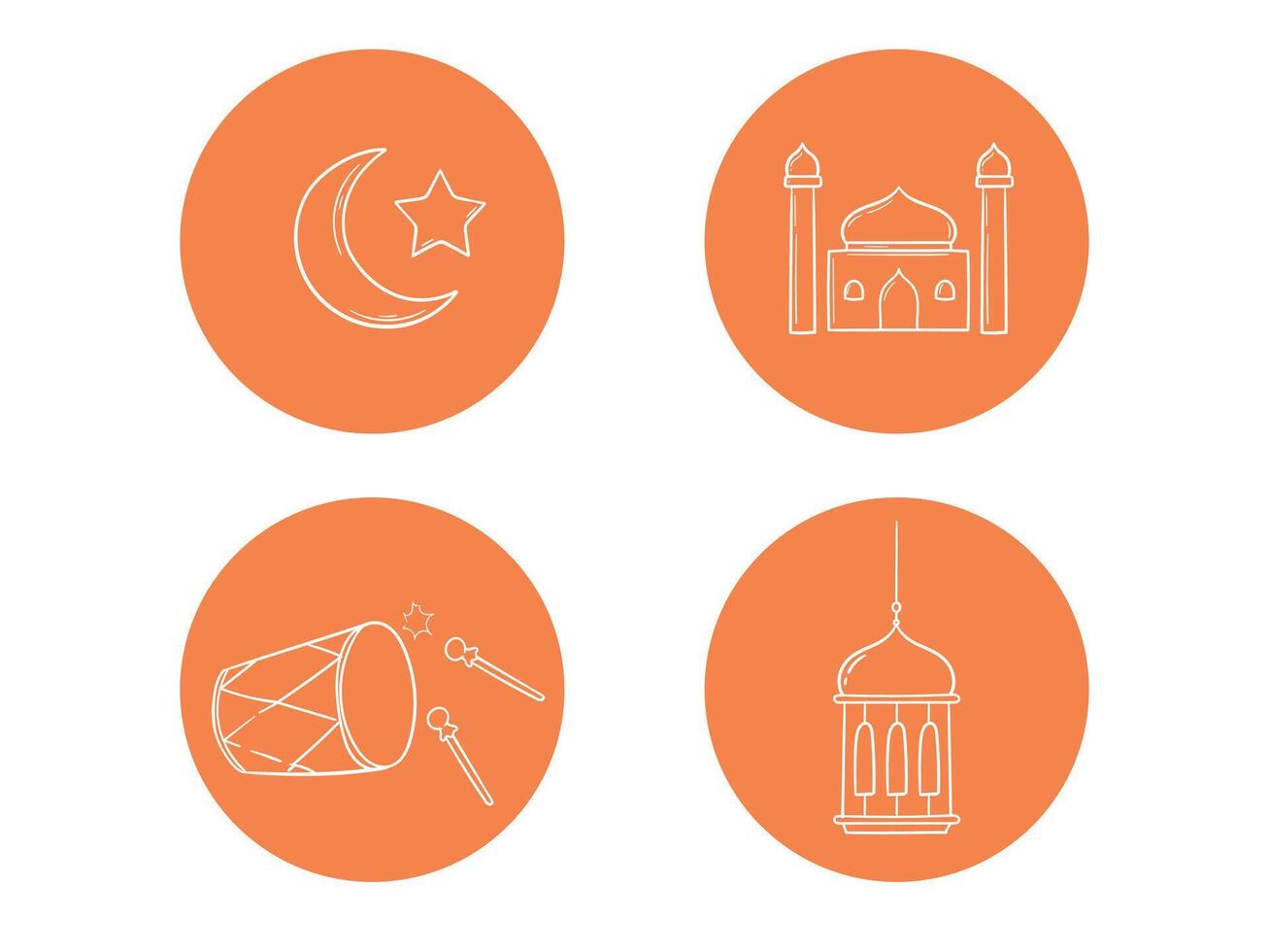 Religious ramadan design element. Hand drawn lanter, moon, mosque and percussion icon vector