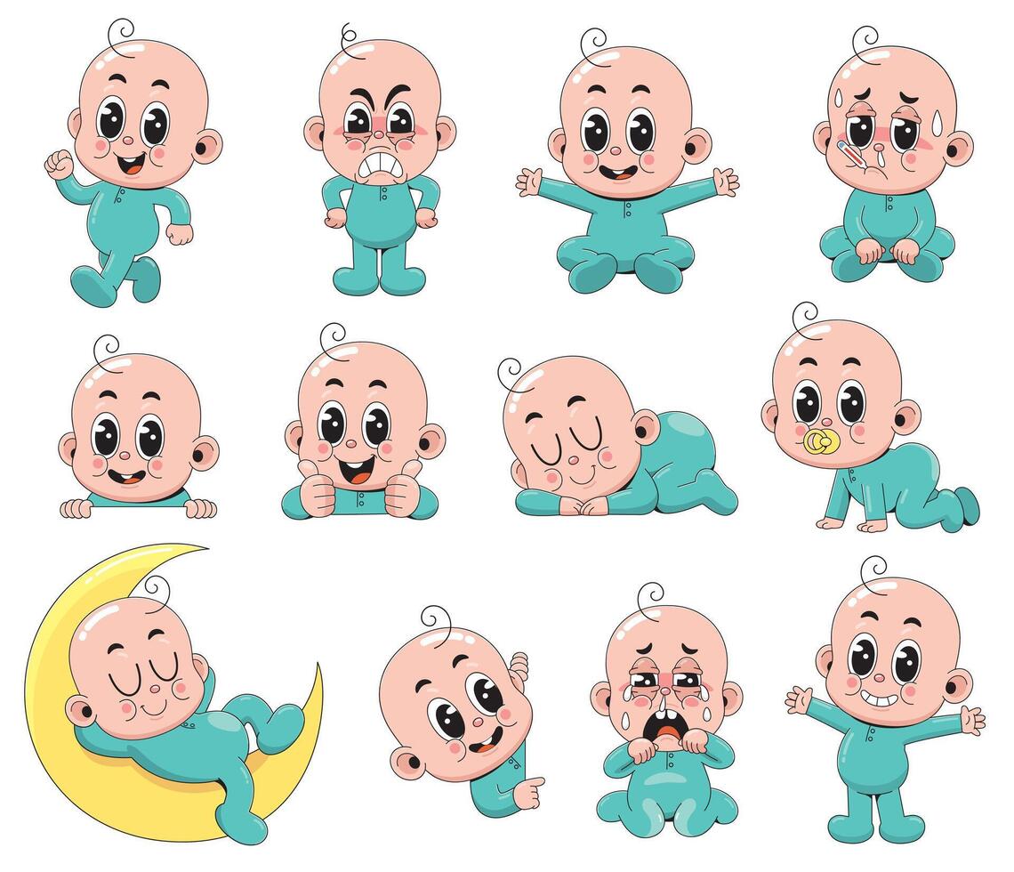 Cartoon baby in various poses and expressions vector