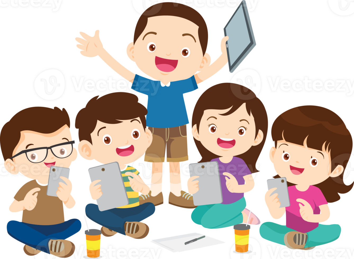 Children share ideas while working on tablets png