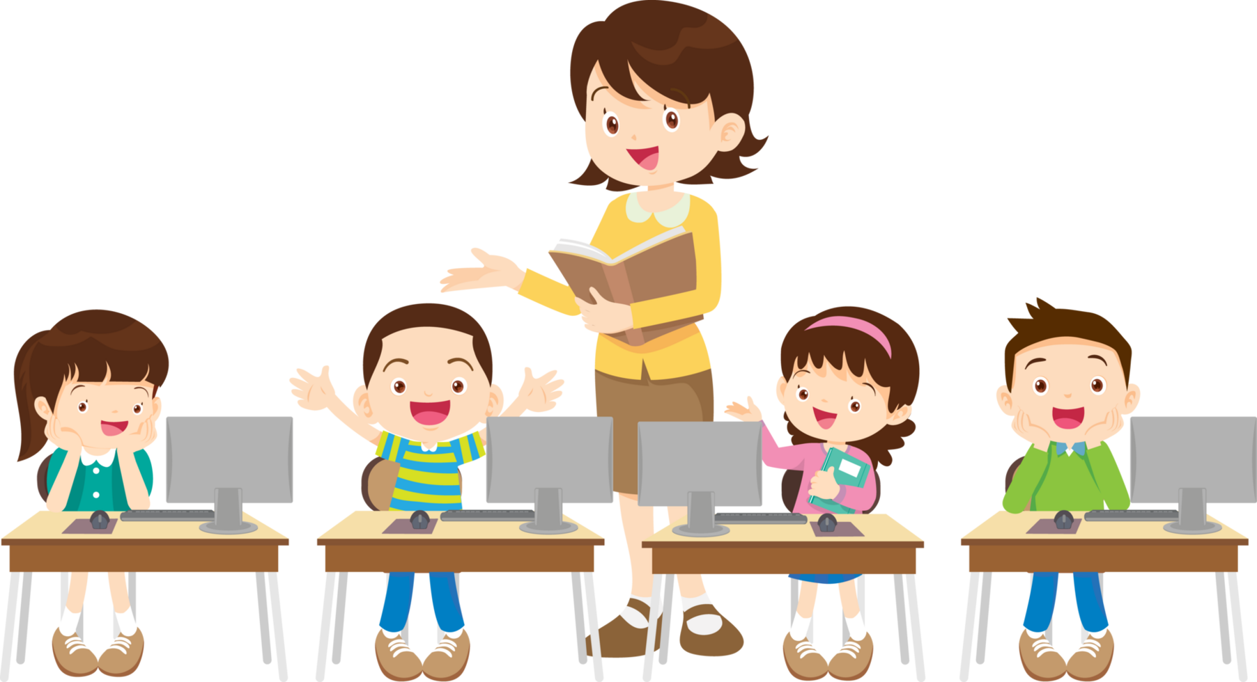 smiling teacher leads a coding session for kids png