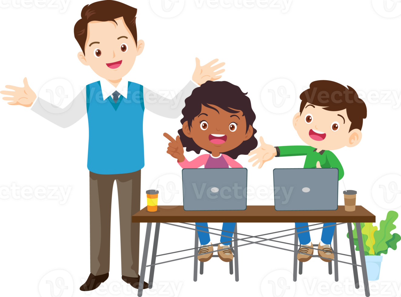Kids collaborate to complete a fun coding project png
