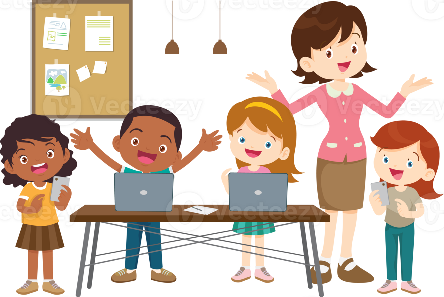 The teacher fosters teamwork in a technology-based class png