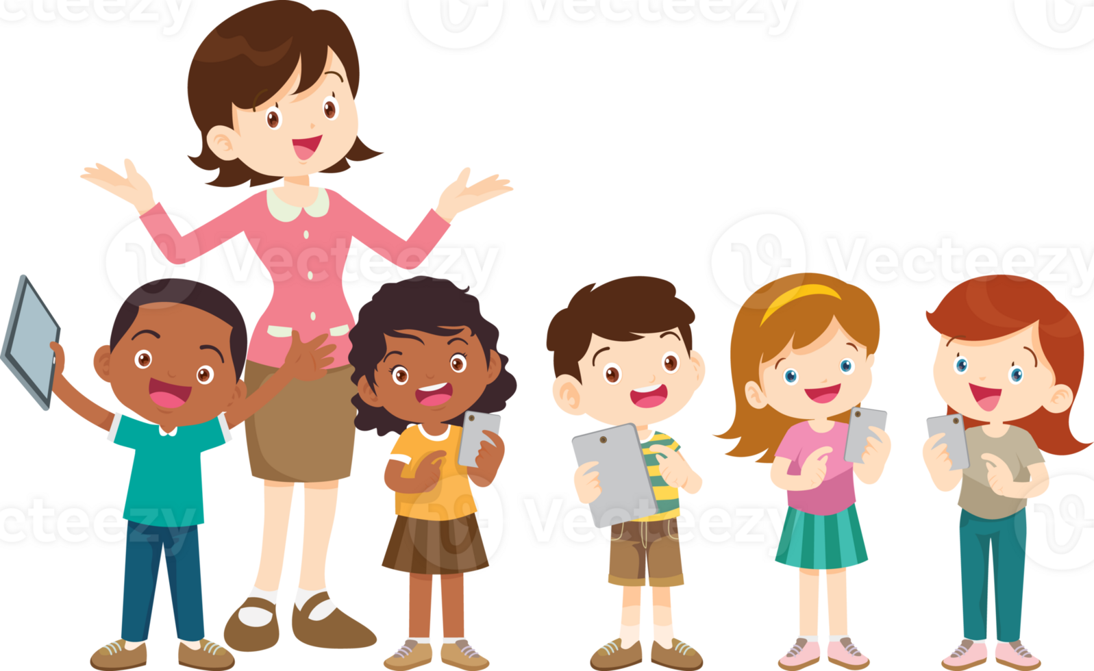 teacher guides children in using smartphones for study png