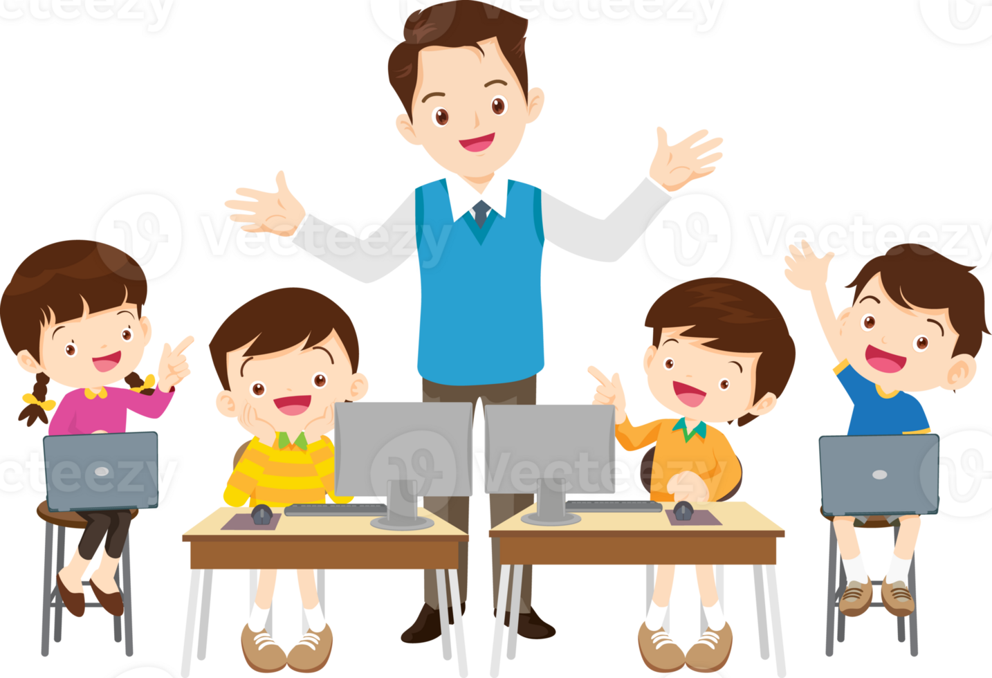 Students learn through digital devices under a teacher guidance png