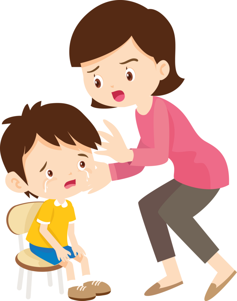 woman, with a concerned expression, calms her crying son with kind words png