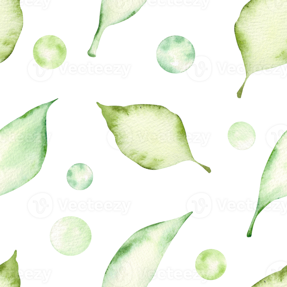 Watercolor seamless pattern with green leaves and drops. Spring delicate plant print. Hand drawn leaves, nature and greenery, ecology. Wallpaper and background, wrapping paper, texture. png
