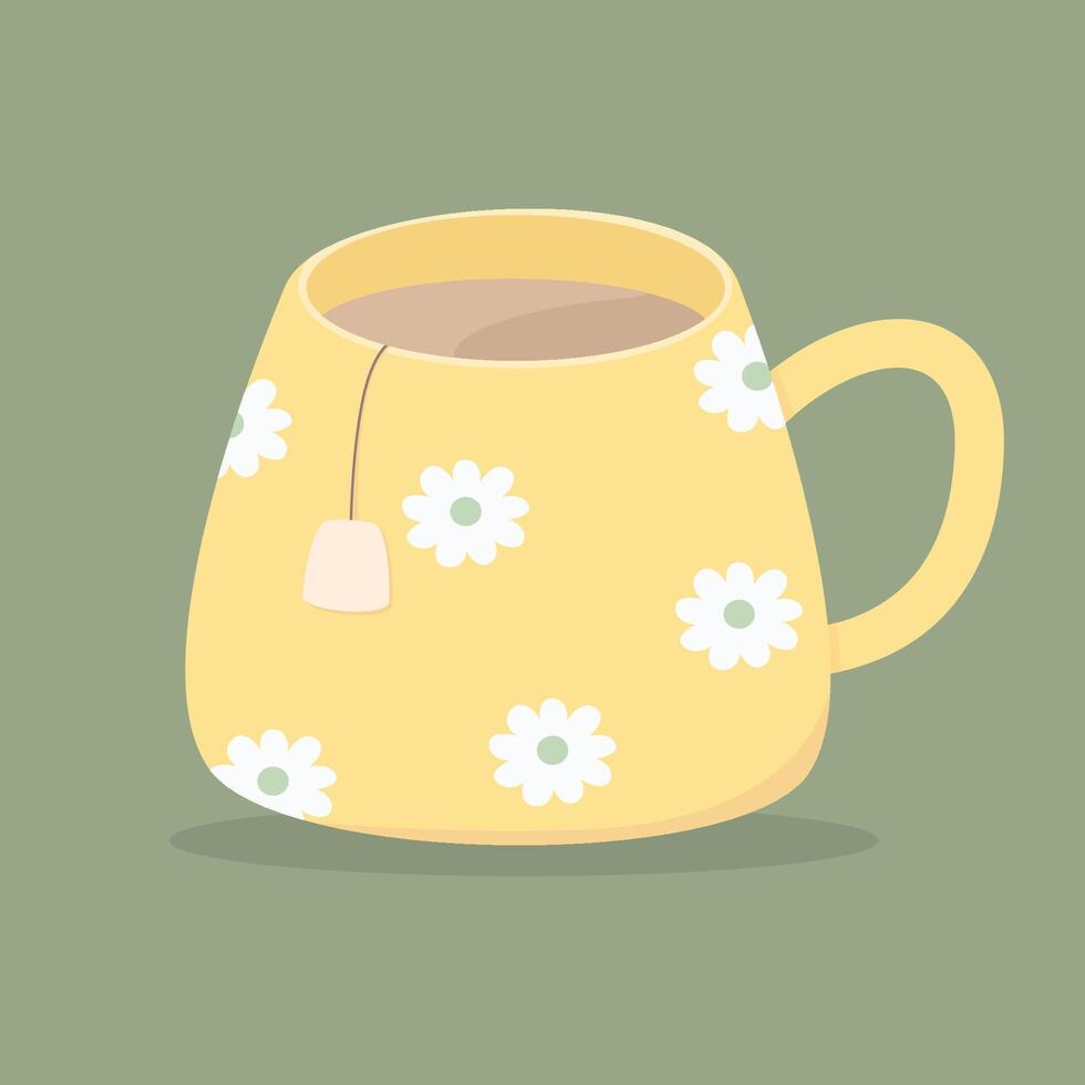 yellow cup of tea with cute illustration vector