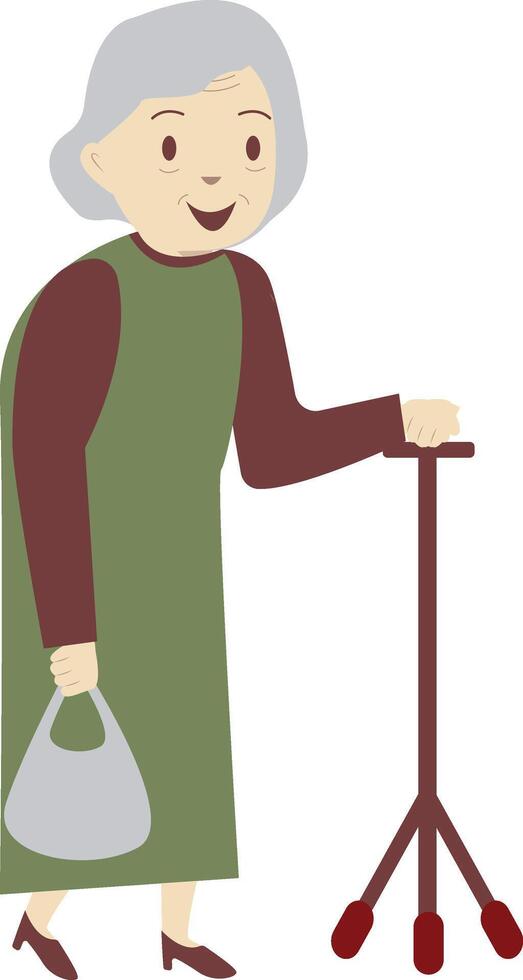 Grandmother Walking Holding Cane and Bag vector