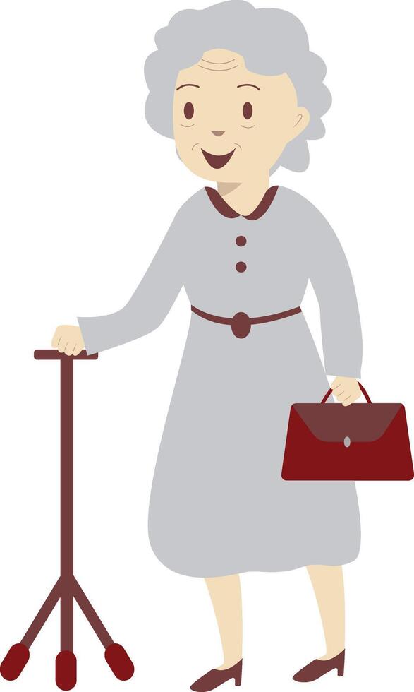 Grandmother Walking Holding Cane and Bag vector