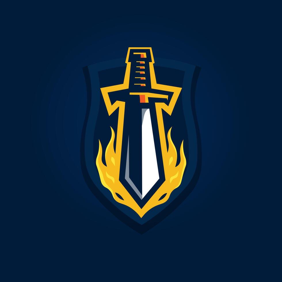 Sword fire in Shield athletic club logo concept isolated on dark background. Modern sport team mascot badge design. E-sports team logo template with medieval illustration vector