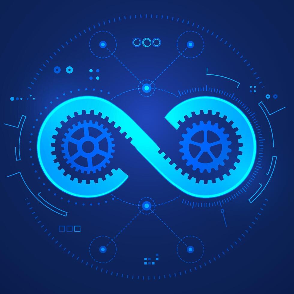 concept of engineering technology or architecture idea, graphic of infinity sign combined with cogwheel and futuristic blueprint element vector