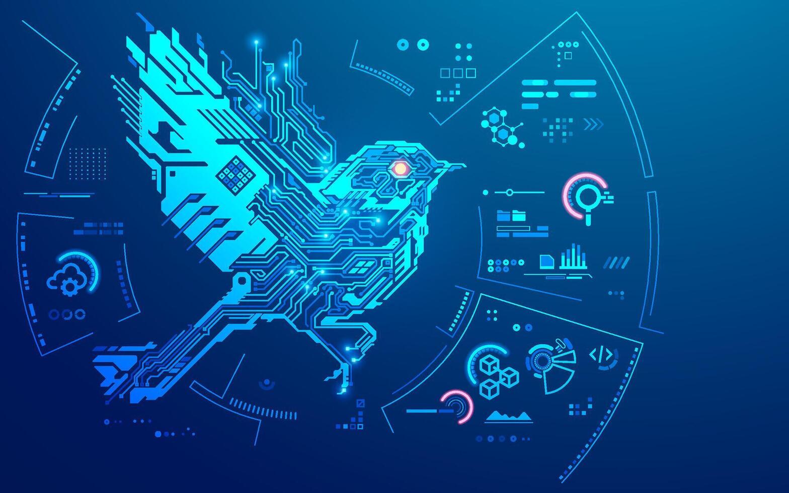 concept of futuristic technology of AI - artificial intelligence, graphic of robotic bird fying with cyberspace icons - SEO, cloud storage, blockchain vector