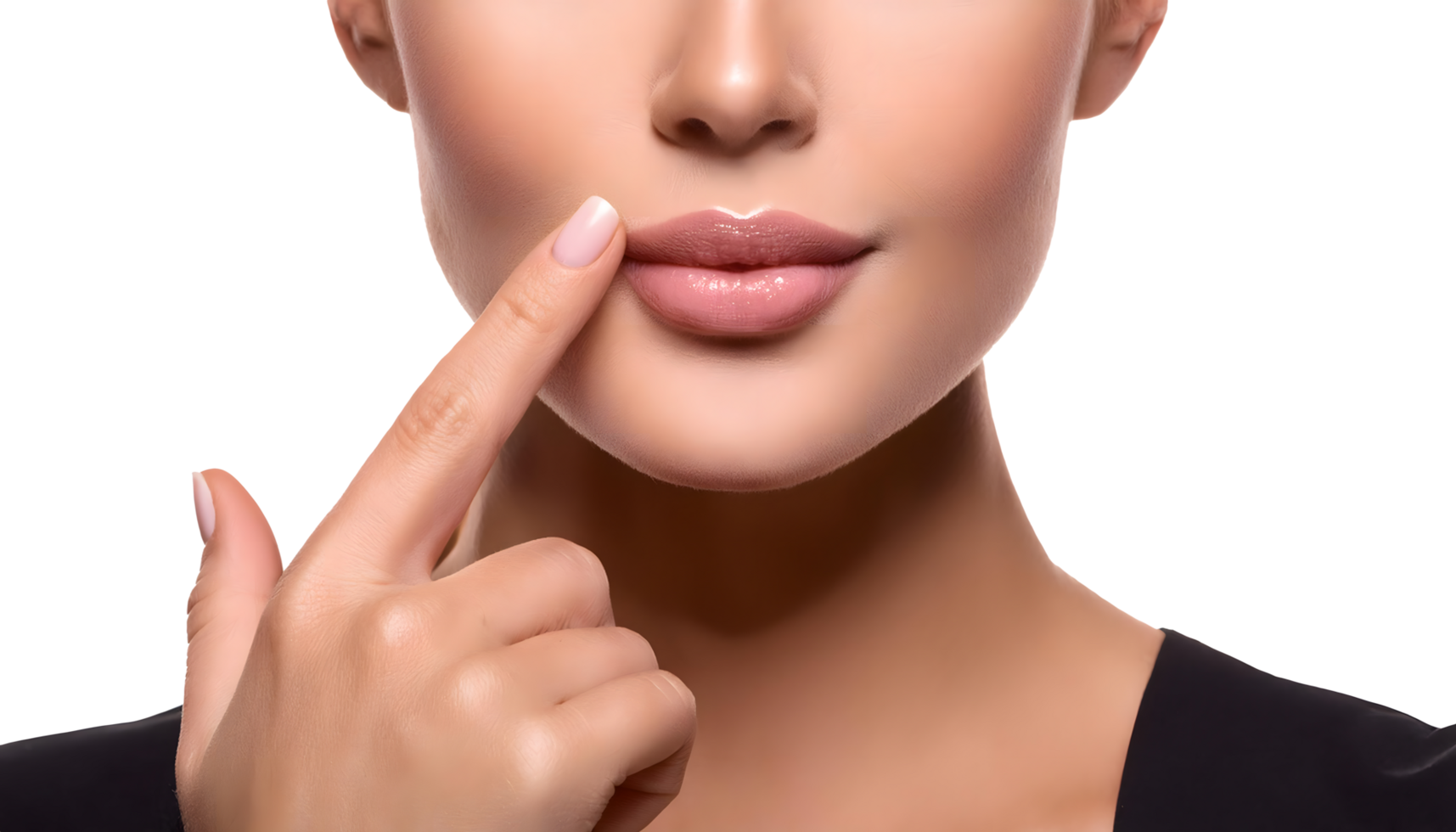 Close up Part of young caucasian woman face with finger touching on lips, Beauty dermatology concept png