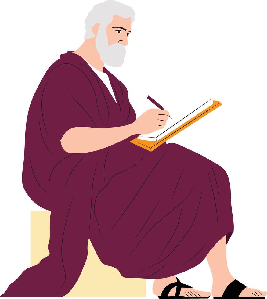 Aristotle thinking and writing, Greek philosopher vector