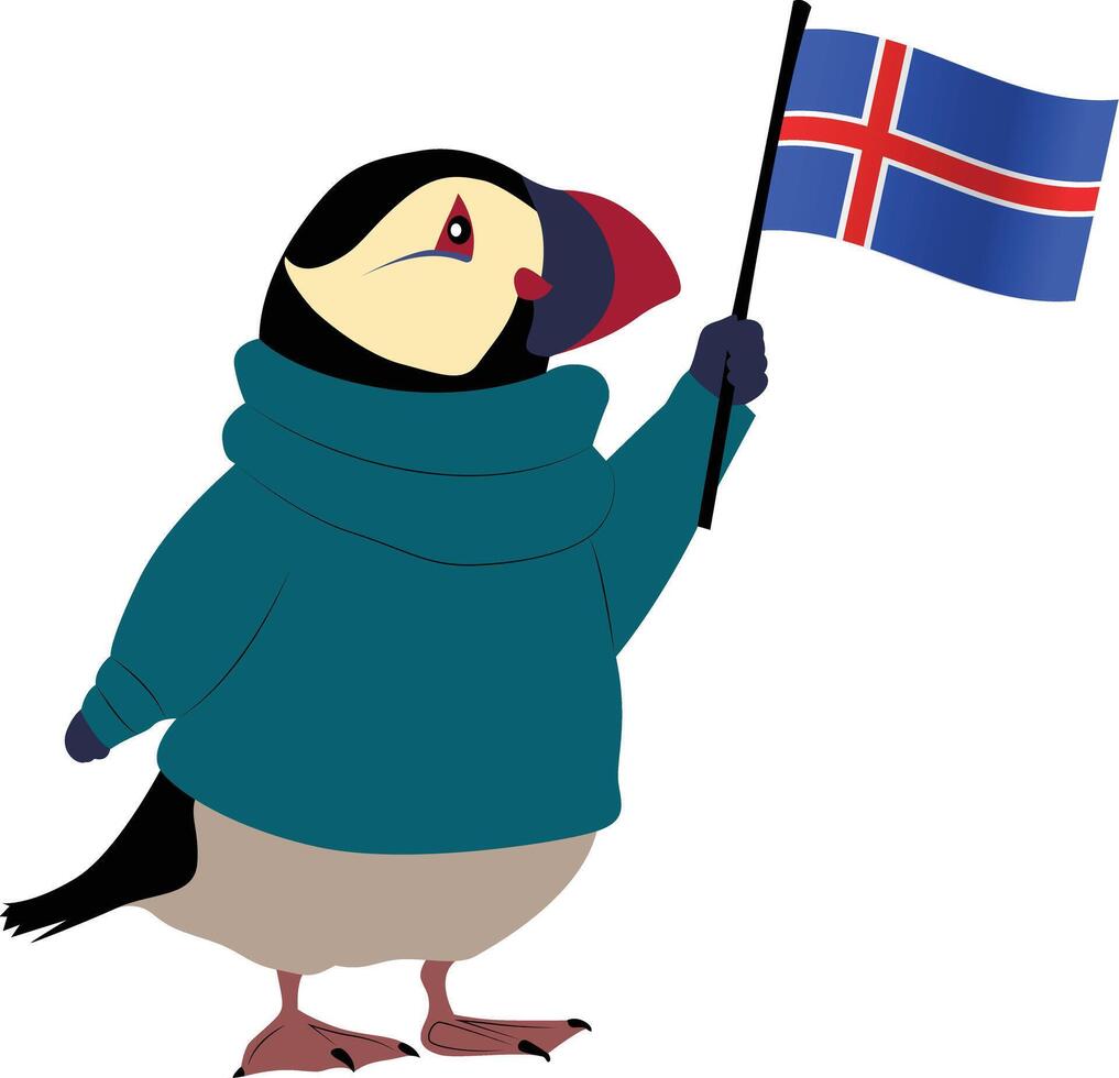 A cartoon character of a puffin wearing an Icelandic sweater, holding the Iceland flag copy vector