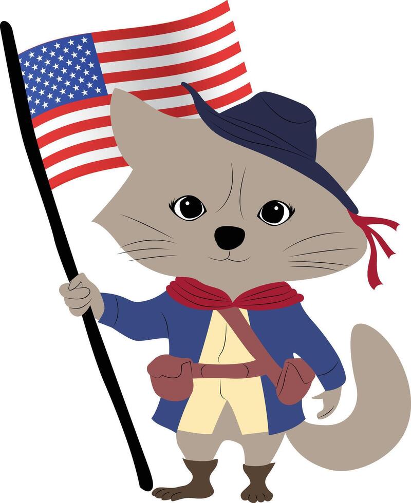 A cartoon character of a raccoon wearing a colonial trappers outfit, holding the USA flag copy vector