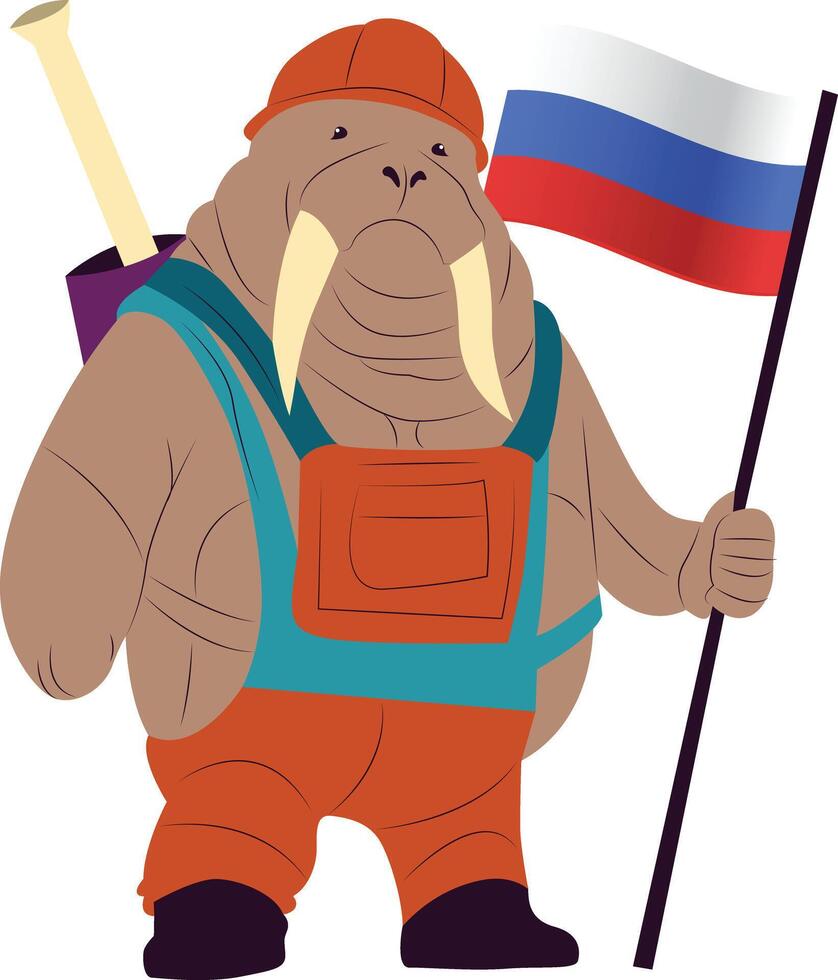 A cartoon character of a walrus wearing an oil workers outfit, holding the Russia flag copy vector