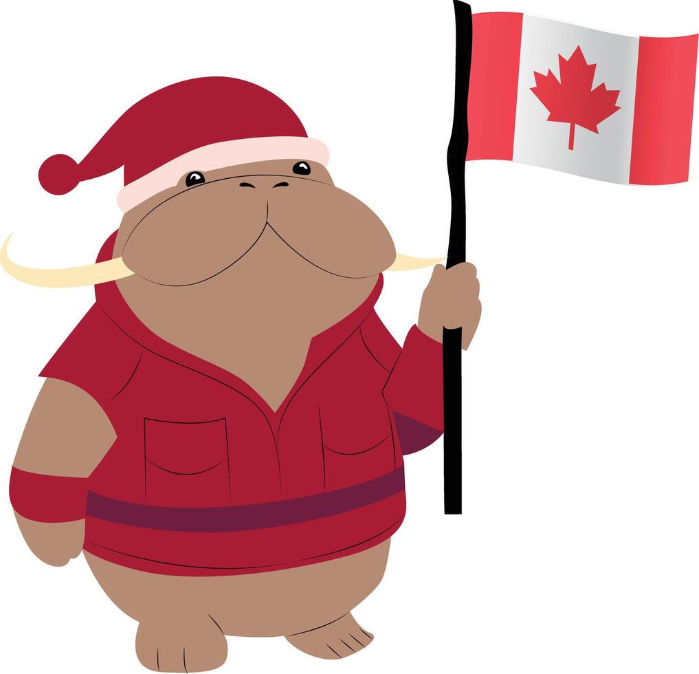 A cartoon character of a walrus wearing an Inuit fishermans outfit, holding the Canada flag copy vector