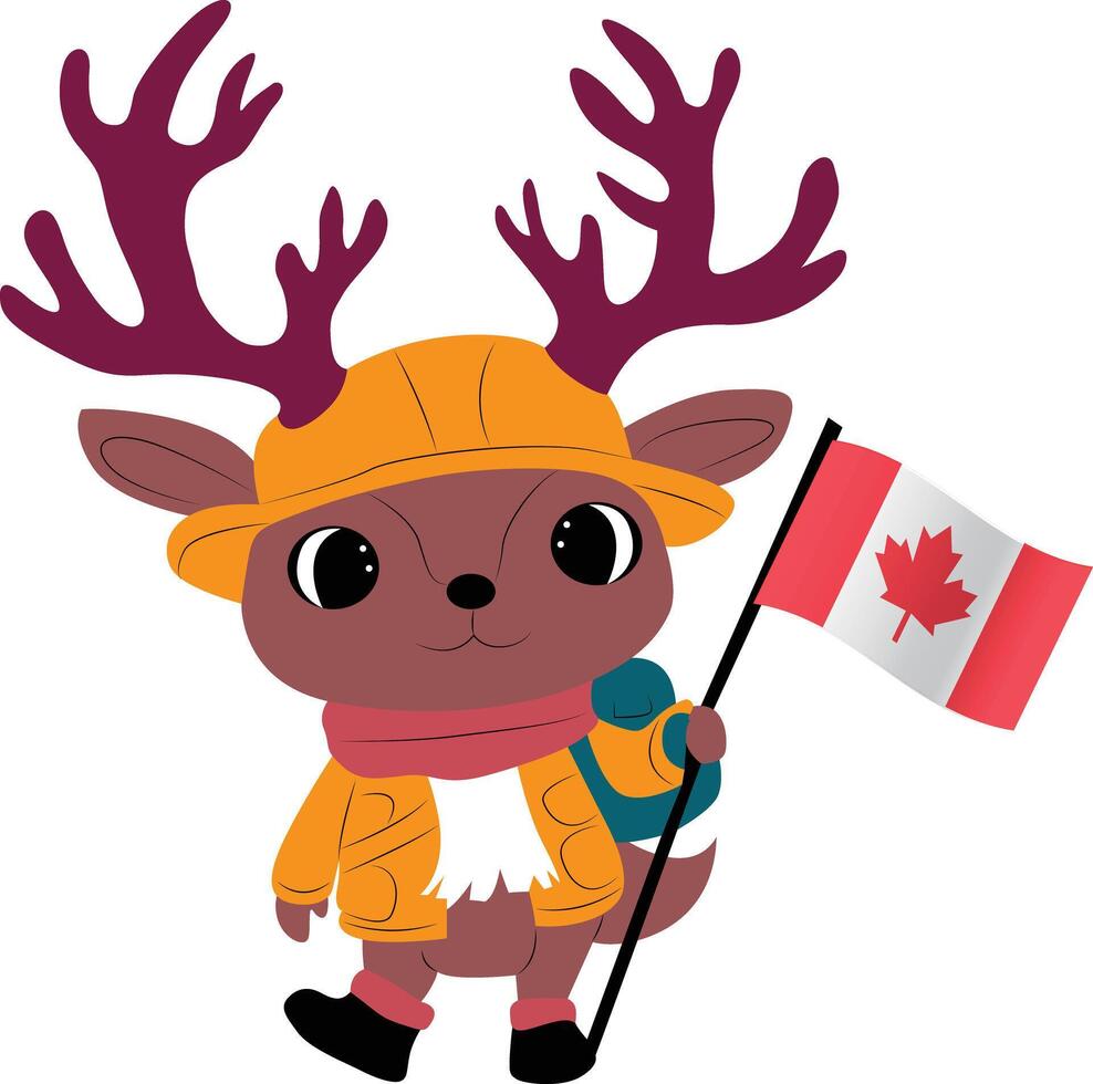 A cartoon character of a caribou wearing a gold prospectors gear, holding the Canada flag copy vector