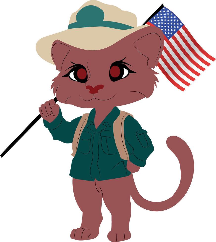 A cartoon character of a cougar wearing a forest rangers uniform, holding the USA flag copy vector