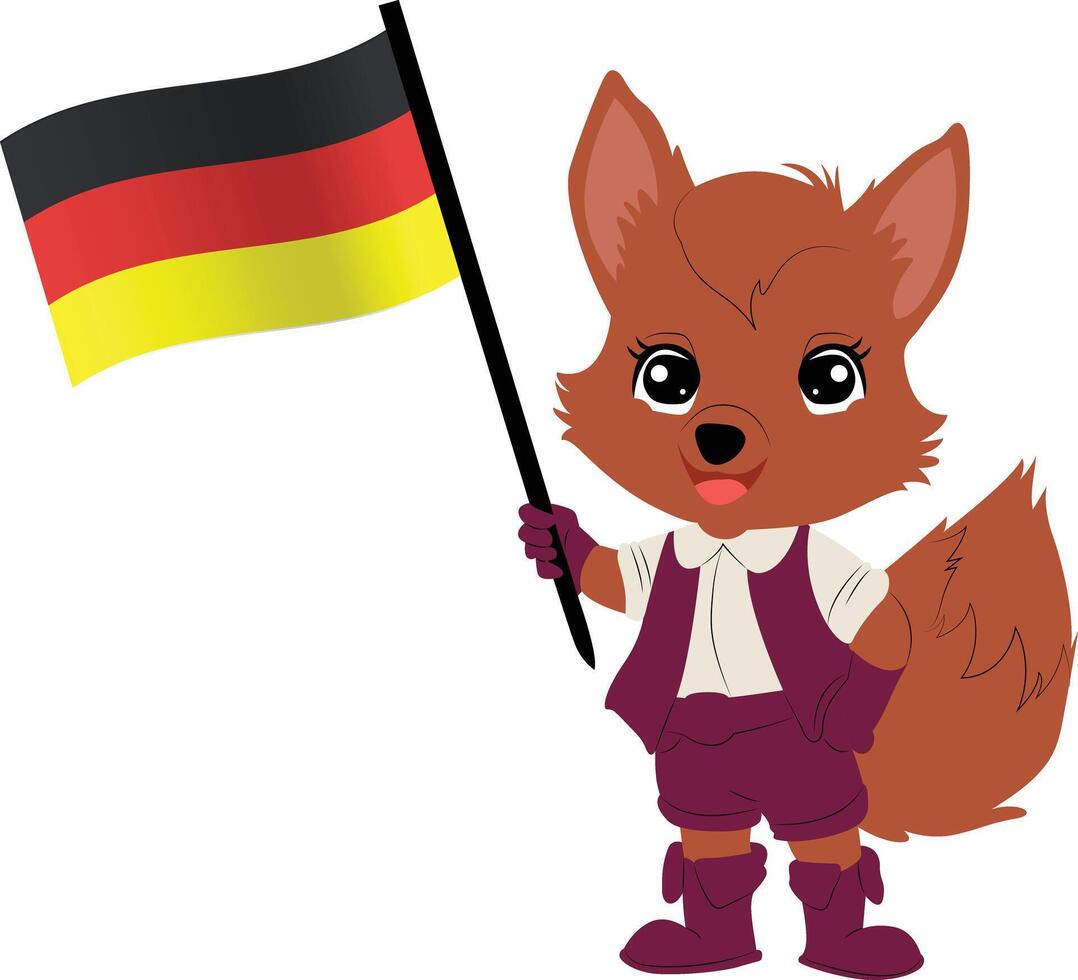 A cartoon character of a fox wearing traditional German lederhosen, holding the Germany flag copy vector
