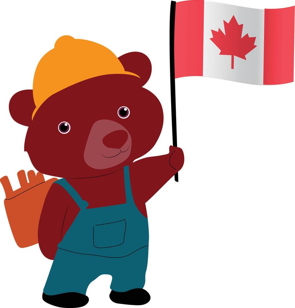 A cartoon character of a grizzly bear wearing a gold miners outfit, holding the Canada flag copy vector