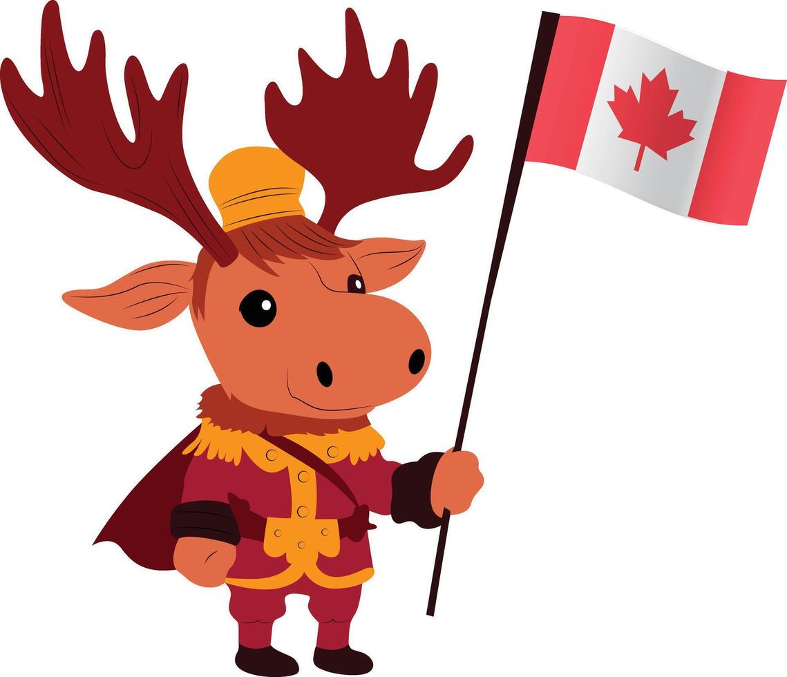A cartoon character of a moose wearing a royal guard uniform, holding the Canada flag copy vector