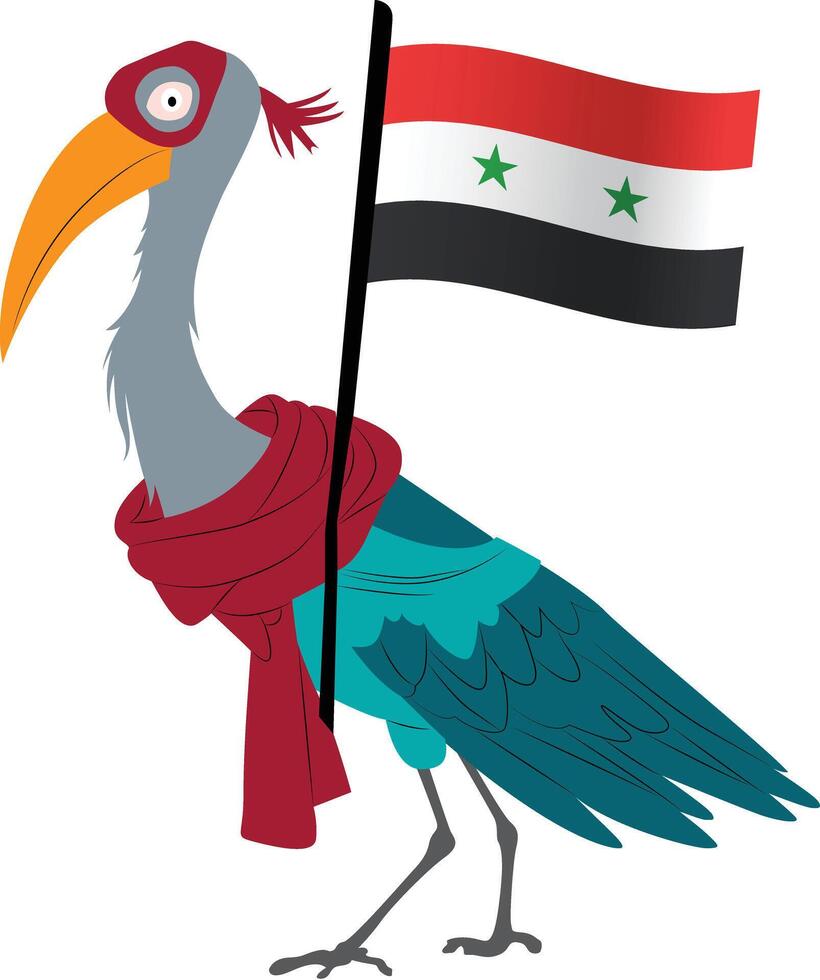 A cartoon character of an ibis wearing an Egyptian scribes outfit, holding the Egypt flag copy vector