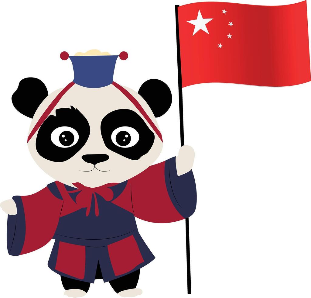 A cartoon character of a panda wearing a Chinese opera mask, holding the China flag copy vector