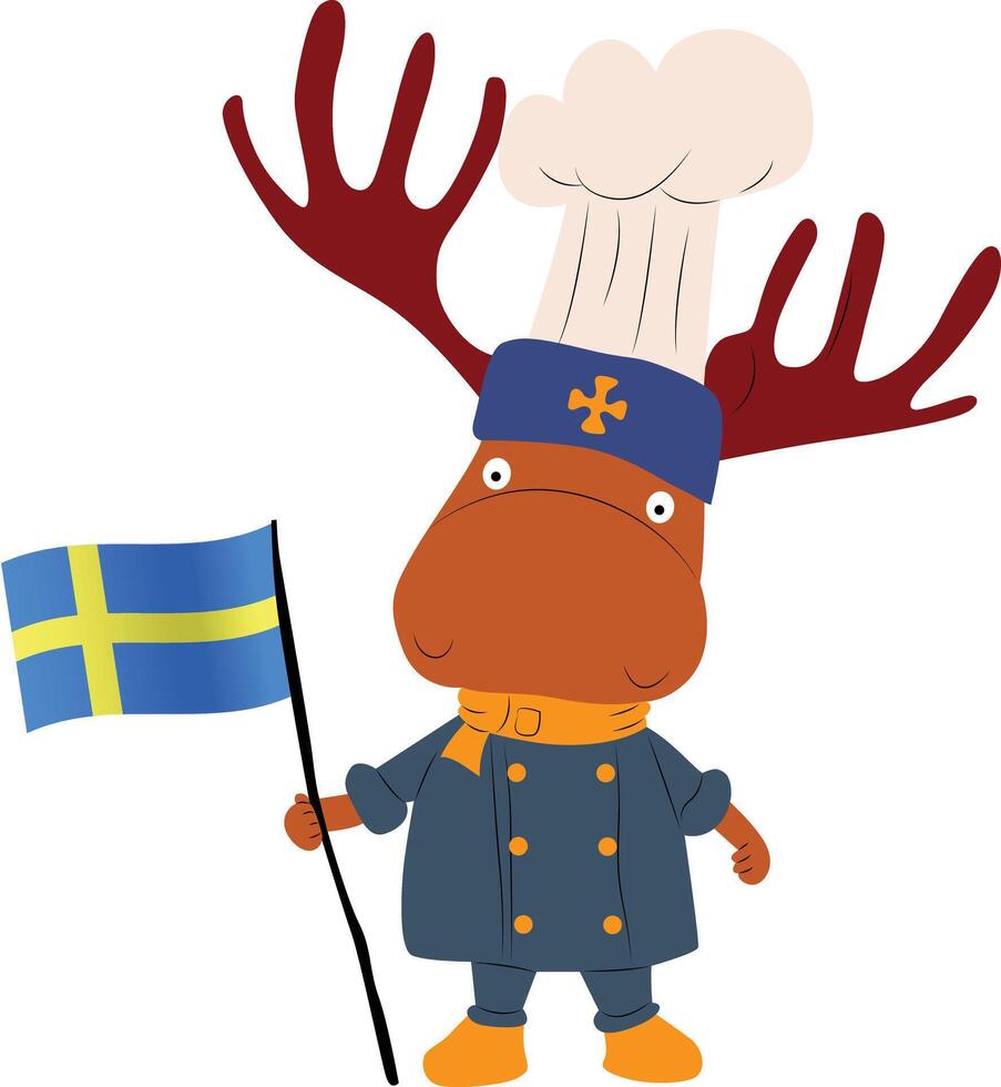 A cartoon character of a moose wearing a Swedish chefs hat, holding the Sweden flag copy vector