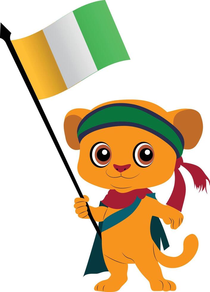 A cartoon character of a jaguar wearing a Mayan warriors attire, holding the Mexico flag copy vector