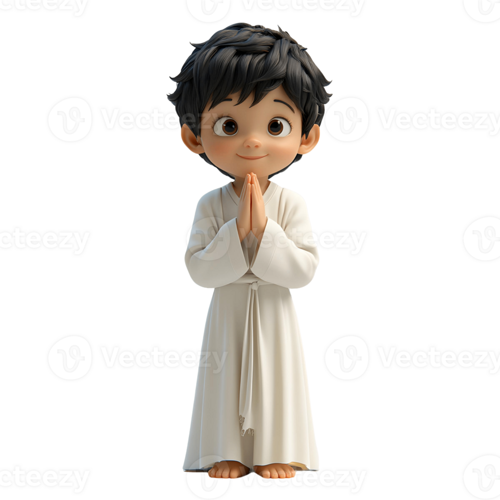 3d rendering of A boy standing in white Muslim robes, hands folded in prayer png