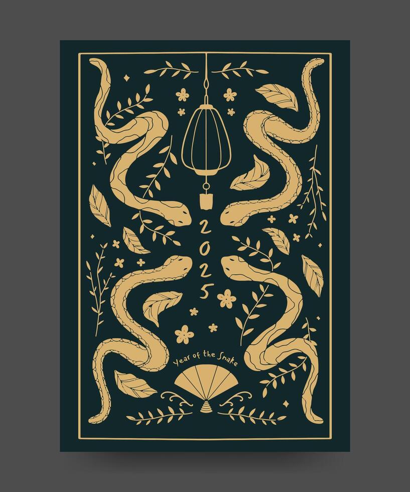 Chinese new year poster with snake, lamp and nature illustration vector