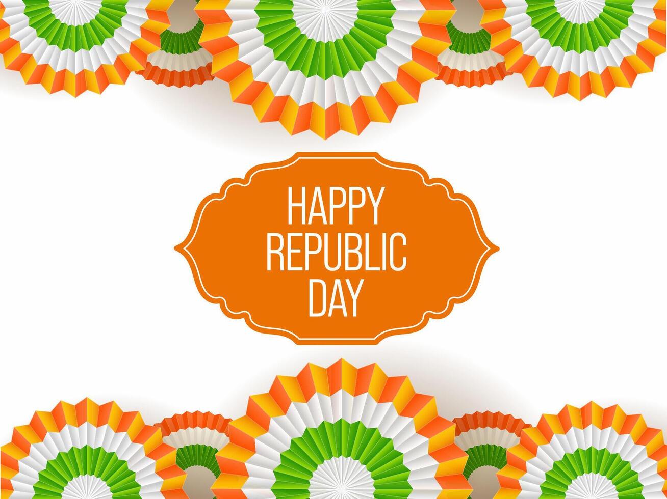 Happy Republic Day Poster Design Decorated with Tricolor Paper Folding Flowers on White Background. vector