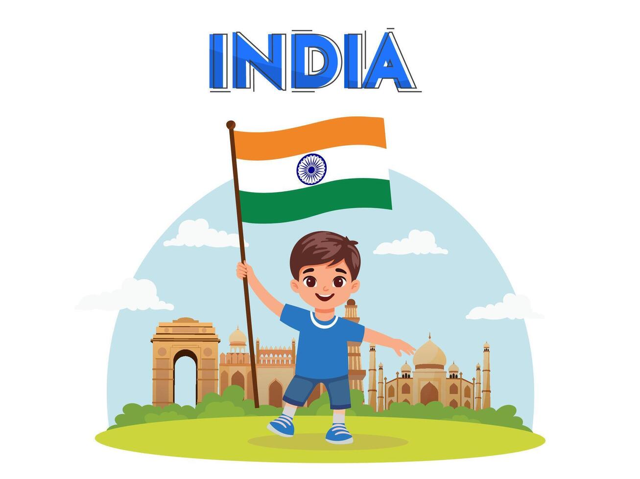 India Republic Day Poster Design with Indian Boy Character Holding National Flag in Front of Famous Monuments Background. vector
