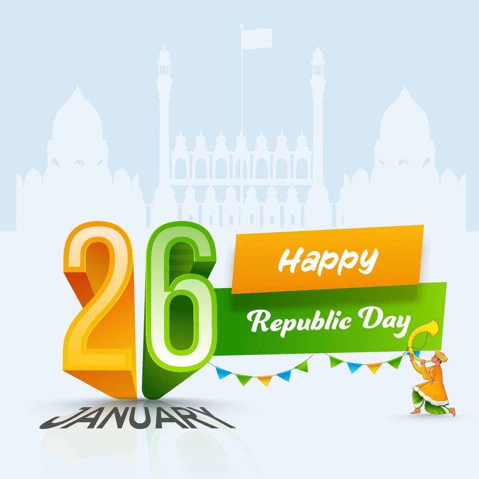 26 January, Happy Republic Day Poster Design with Tutari Player Character on White Silhouette Red Fort Background. vector