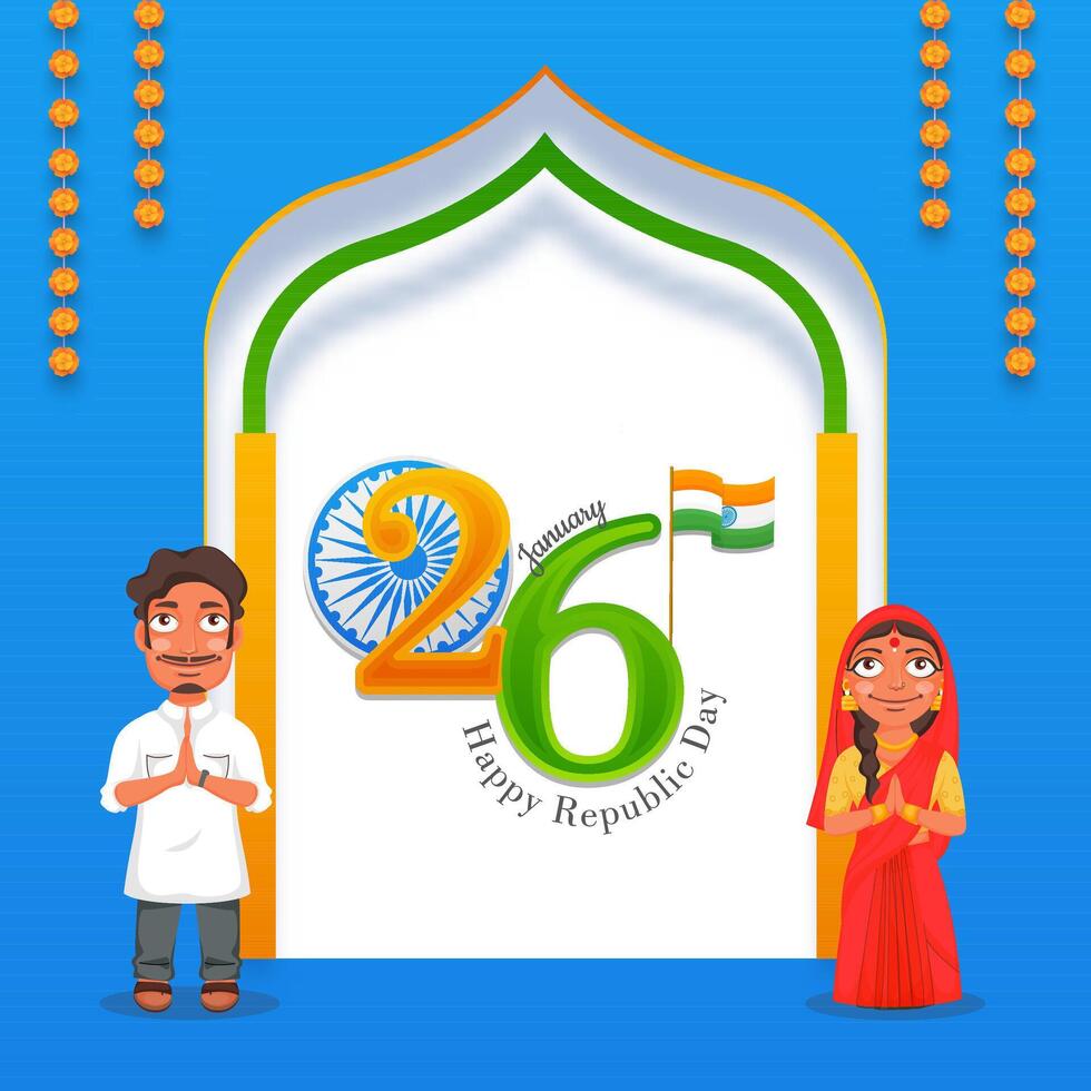 26 January Happy Republic Day Poster with Indian Couple Greetings on Blue and White Background. vector