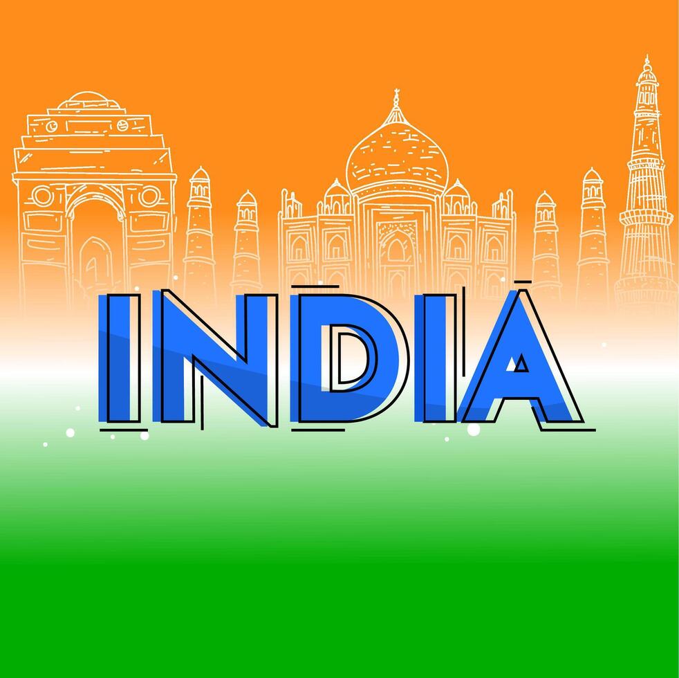 India Republic Day Poster Design with Sketching Famous Monuments on Tricolor Background. vector