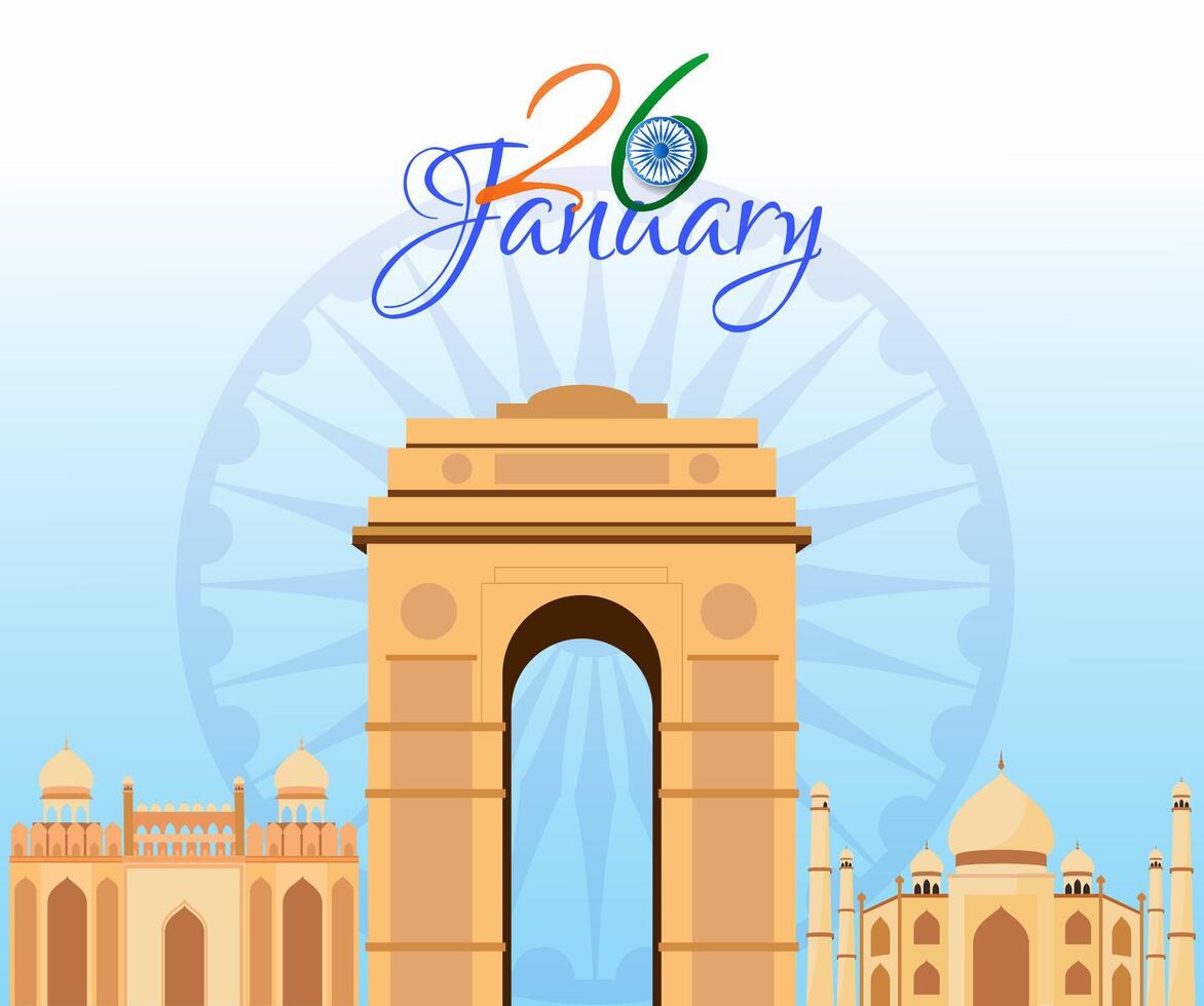 26 January, Republic Day Poster with India Famous Monuments on Blue Ashoka Wheel Background. vector