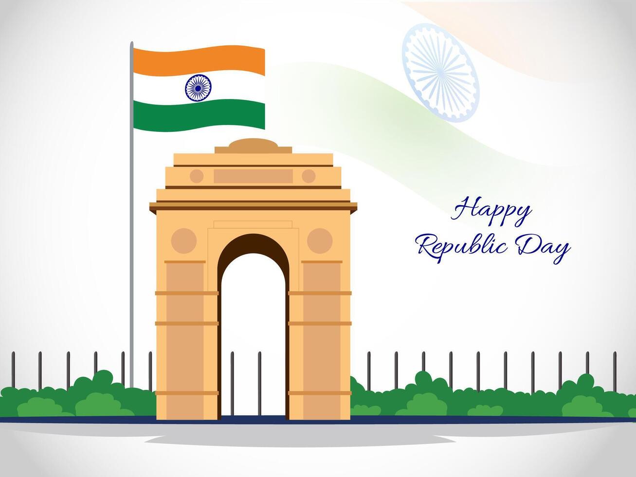 Happy Republic Day Poster Design with India Gate Monument and Indian Flag on White Background. vector