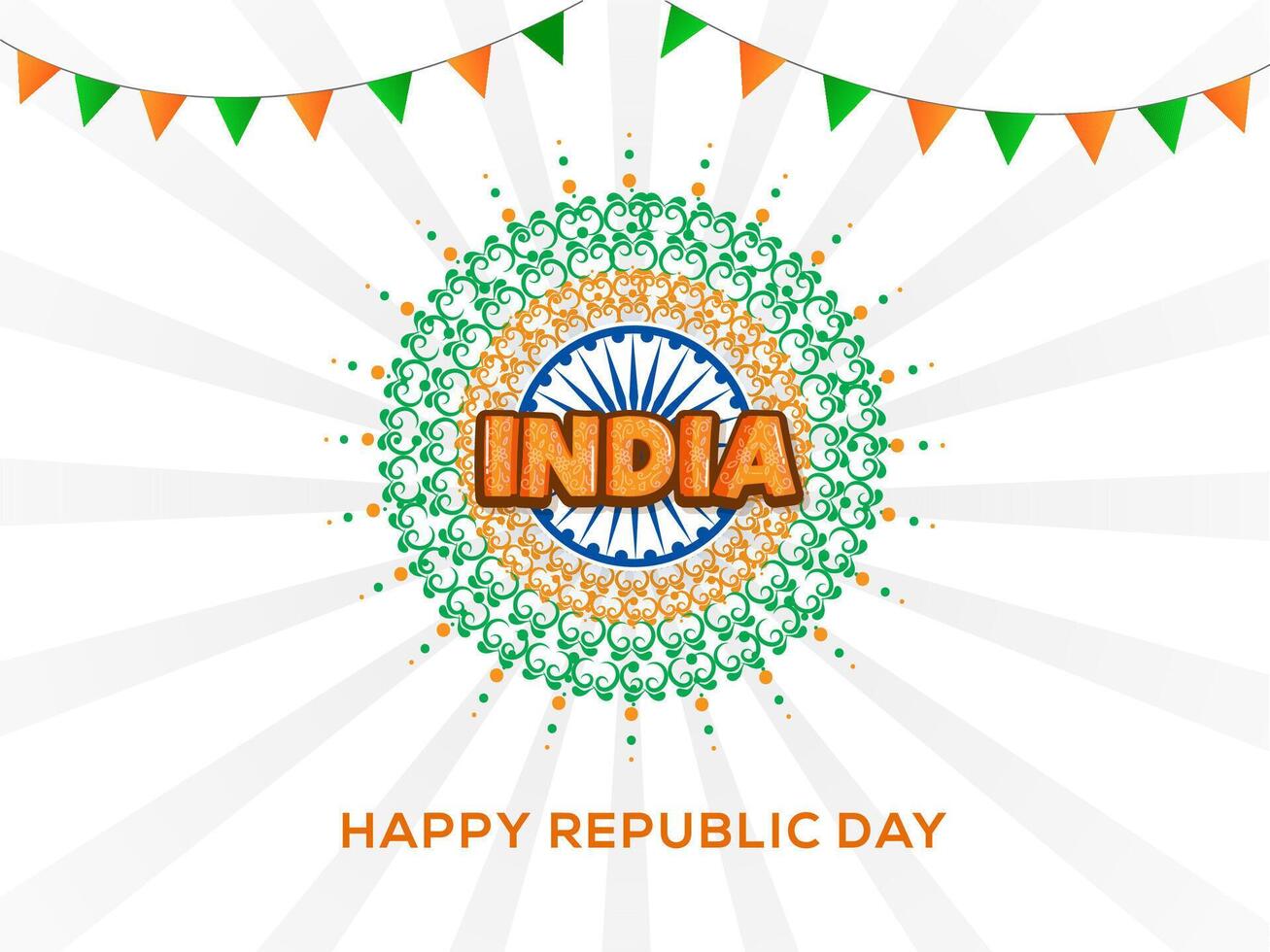 India Happy Republic Day Poster Design with Indian Flag Color Mandala and Bunting Flags on White Background. vector
