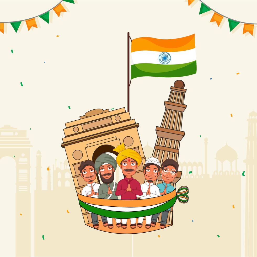 Different Religion Men Doing Namaste Welcome Showing Diversity of India with Wavy Indian Flag on Famous Monuments Background. vector