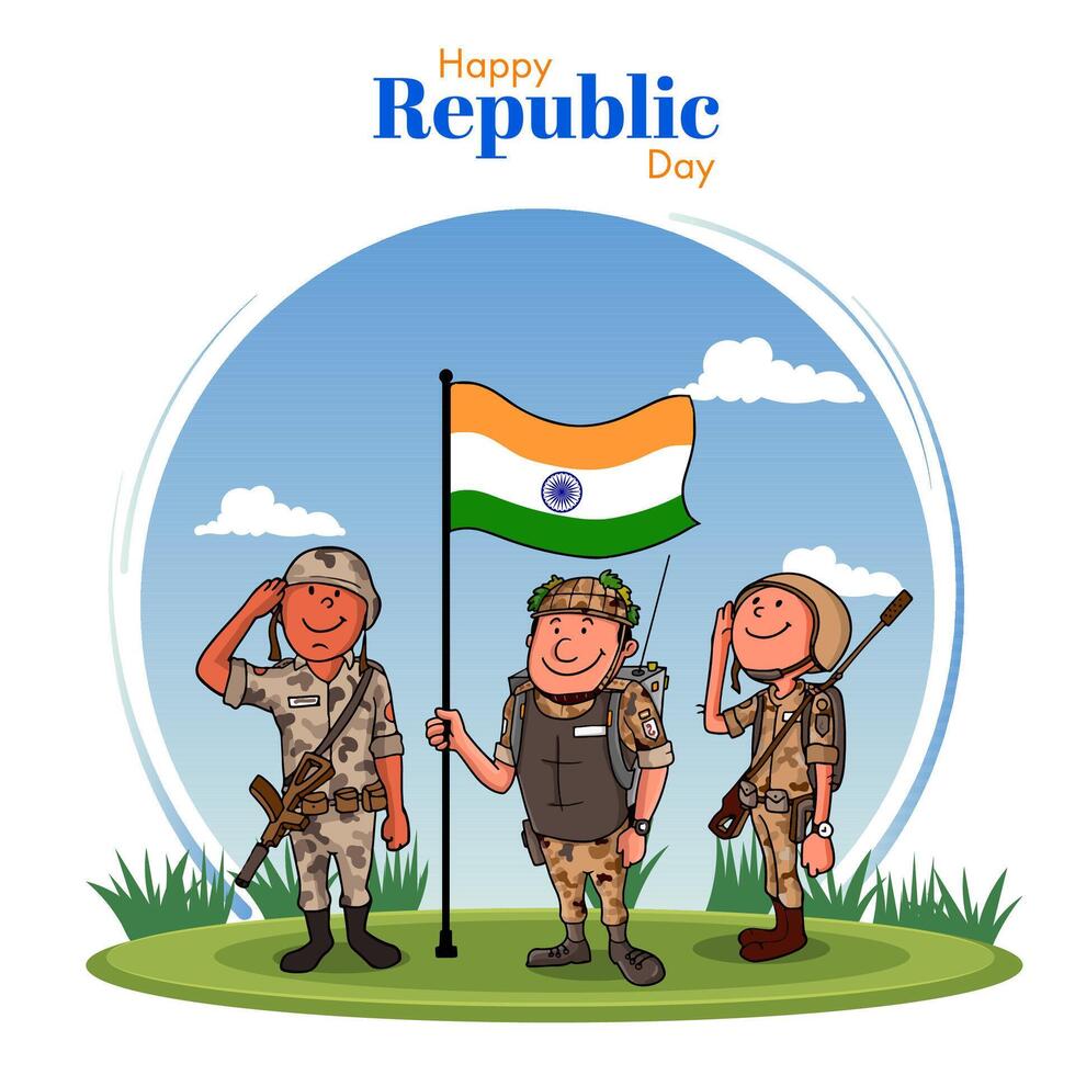 Happy Republic Day Poster Design with Saluting Military Officers and Indian Flag Illustration. vector