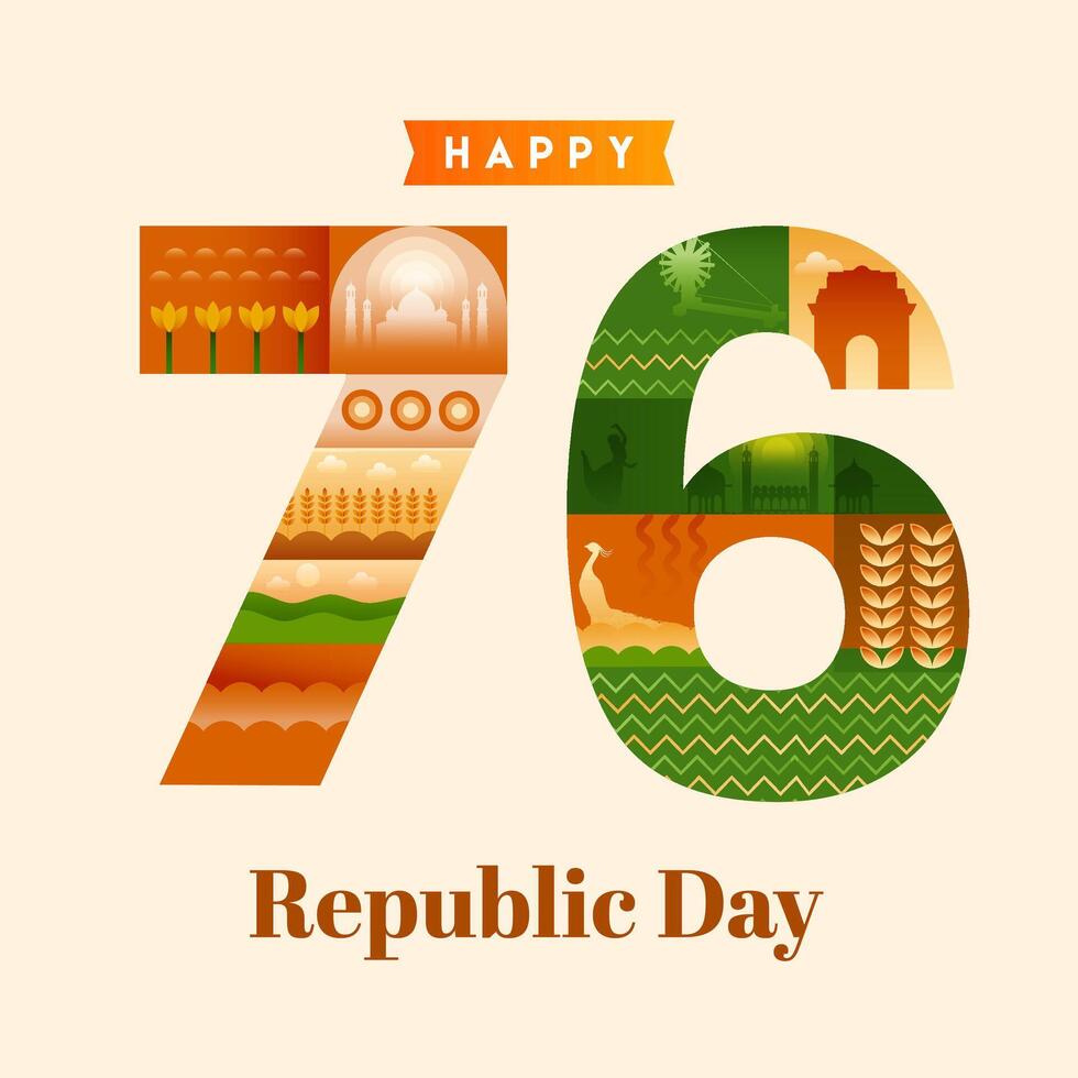 Seventy Six Years of Happy Republic Day with Indian Culture and Heritage, Used for Greeting Card. vector