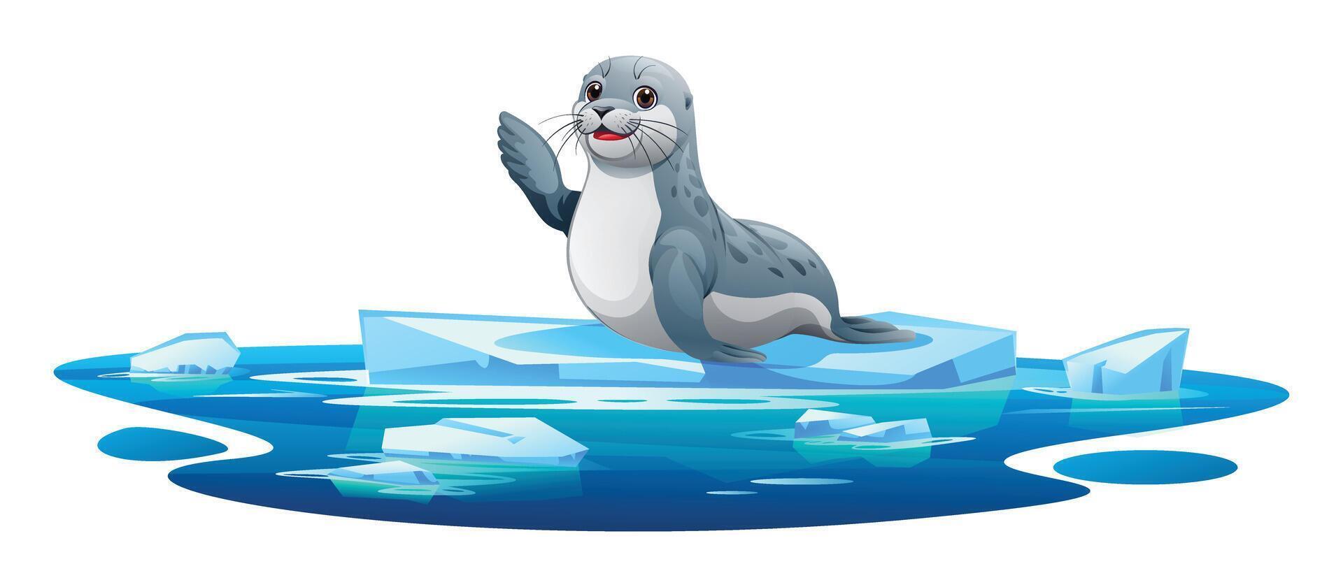 Seal waving playfully on a floating ice platform in icy waters. Cartoon illustration vector
